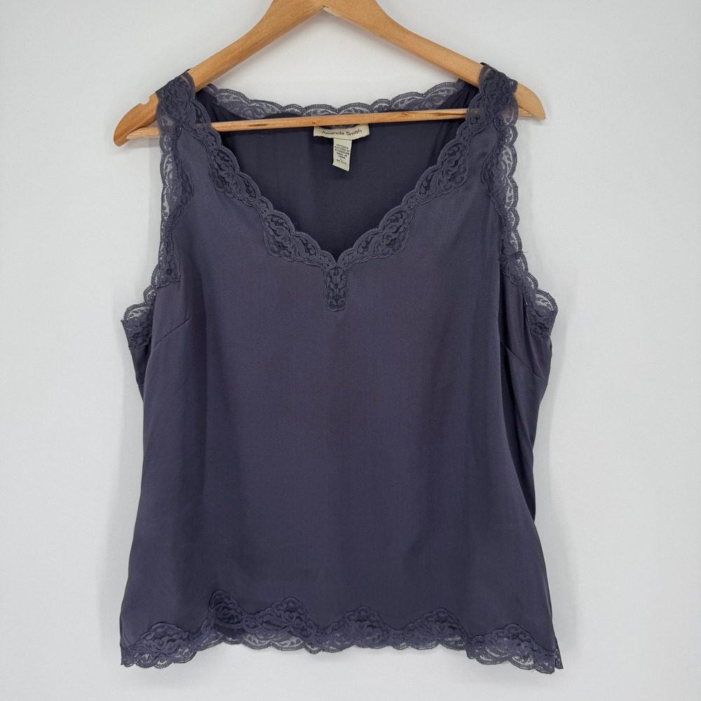 Vintage 100% Silk Amanda Smith Cami L Purple Lace Trim Coquette Balletcore Fairy